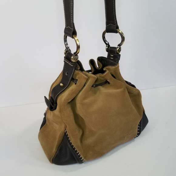 Vintage Donald J. Pliner Y2K Boho Soft Suede Leather Drawstring Bucket Hobo Bag - Picture 5 of 13